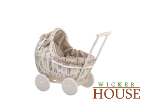 WHITE WASH WICKER DOLL CARRIER, HANDCRAFTED DOLL PRAM,